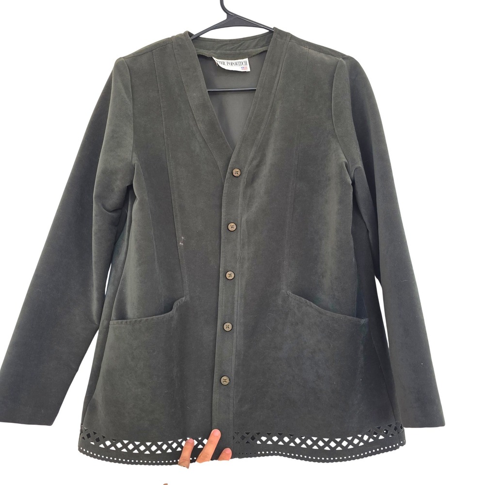 Peter‎ Popovitch Vintage Faux Suede Jacket Olive Green Laser Cut Hem Small